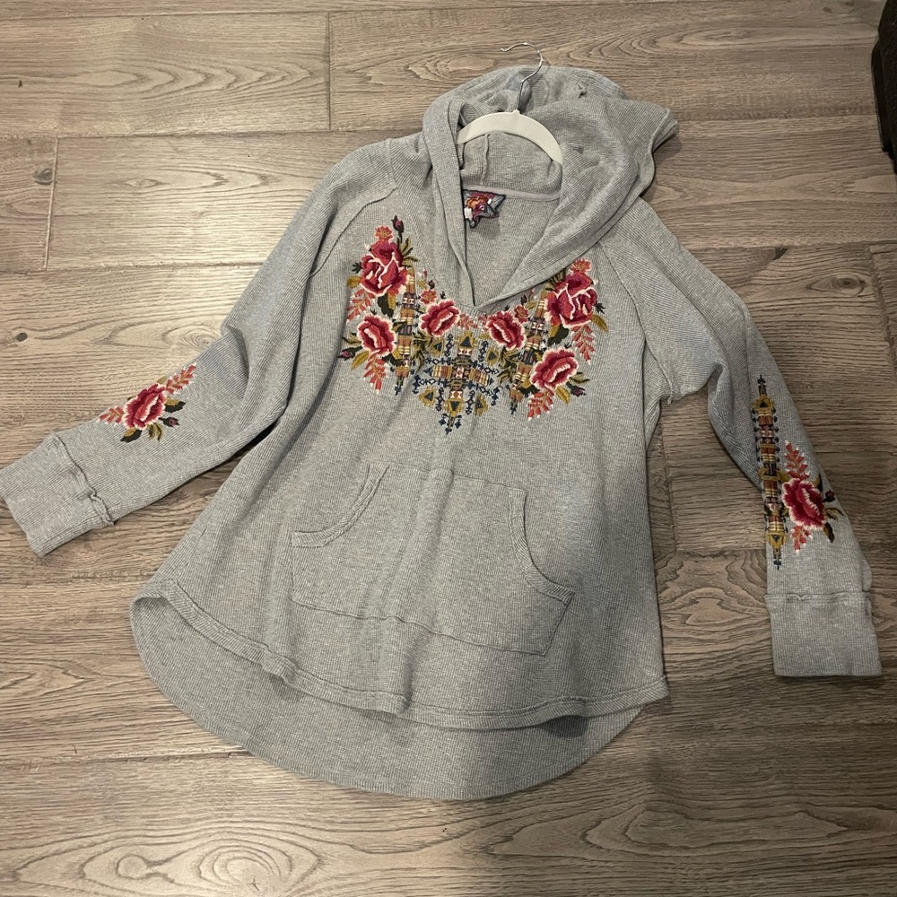 Johnny Was crocheted embroidered hoodie.